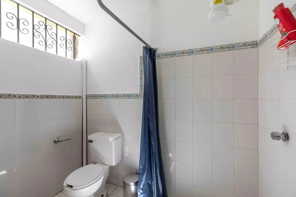 A small bathroom with a toilet, a shower curtain, and a tiled wall.