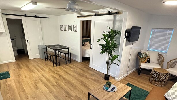 Ein modernes Wohnzimmer mit Holzboden, einem grünen Teppich, einem braunen Ledersofa, einem kleinen Tisch mit Pflanze und einem an der Wand befestigten Fernseher.