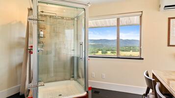 Shower, eco-friendly toiletries, hair dryer, towels