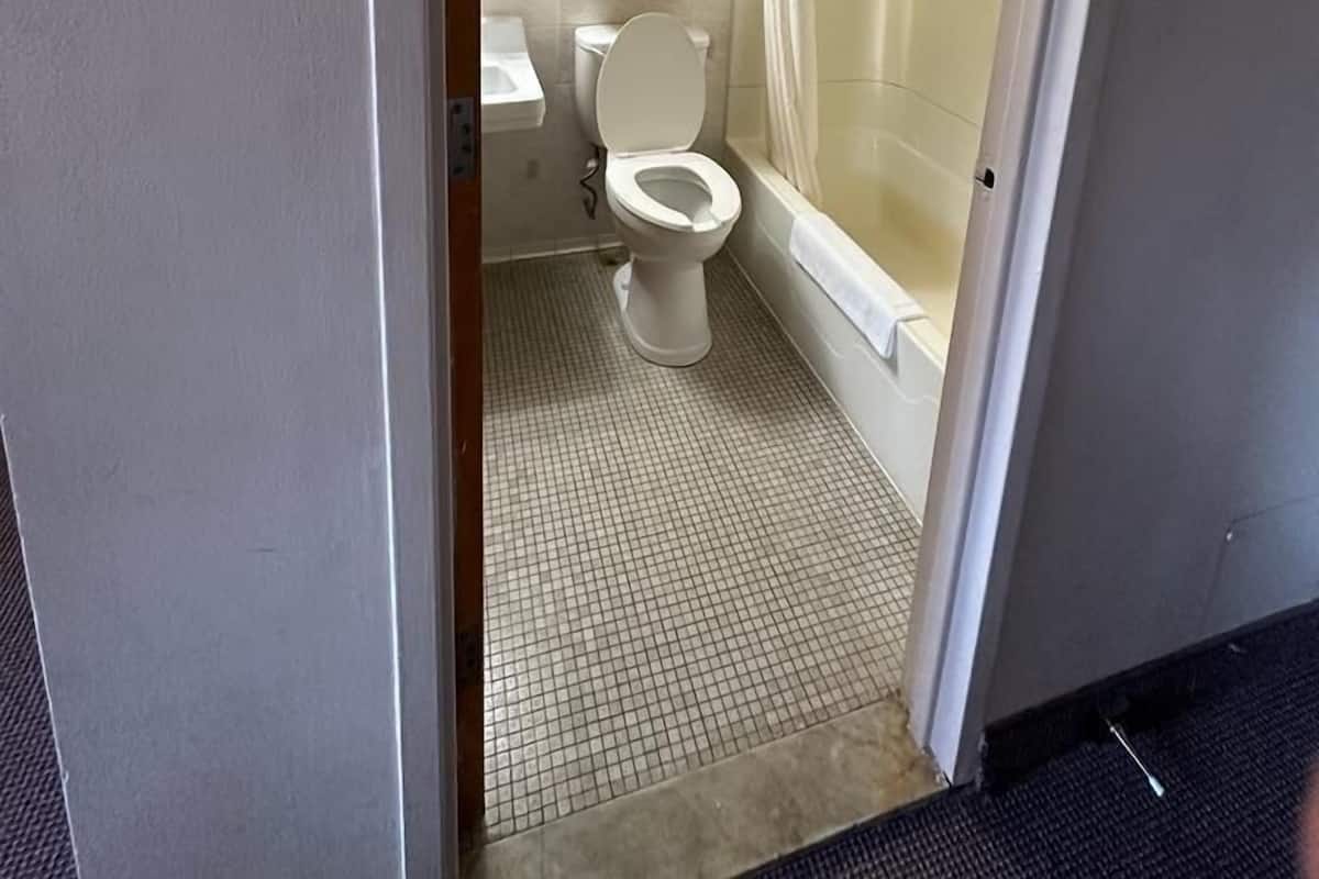 A bathroom with a toilet, sink, and shower.
