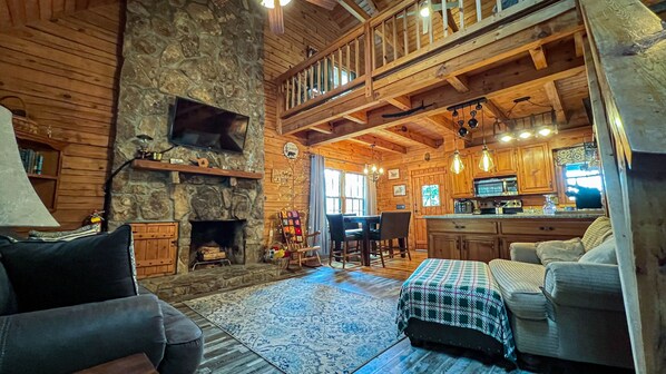 TV, fireplace, books