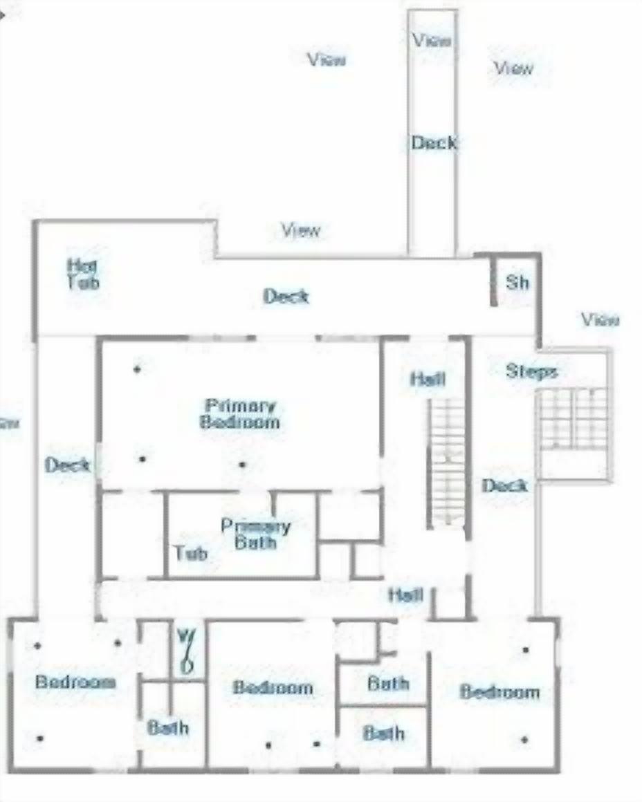A floor plan with a primary bedroom, primary bathroom, two bedrooms, two bathrooms, a hall, a hot tub, and a deck.