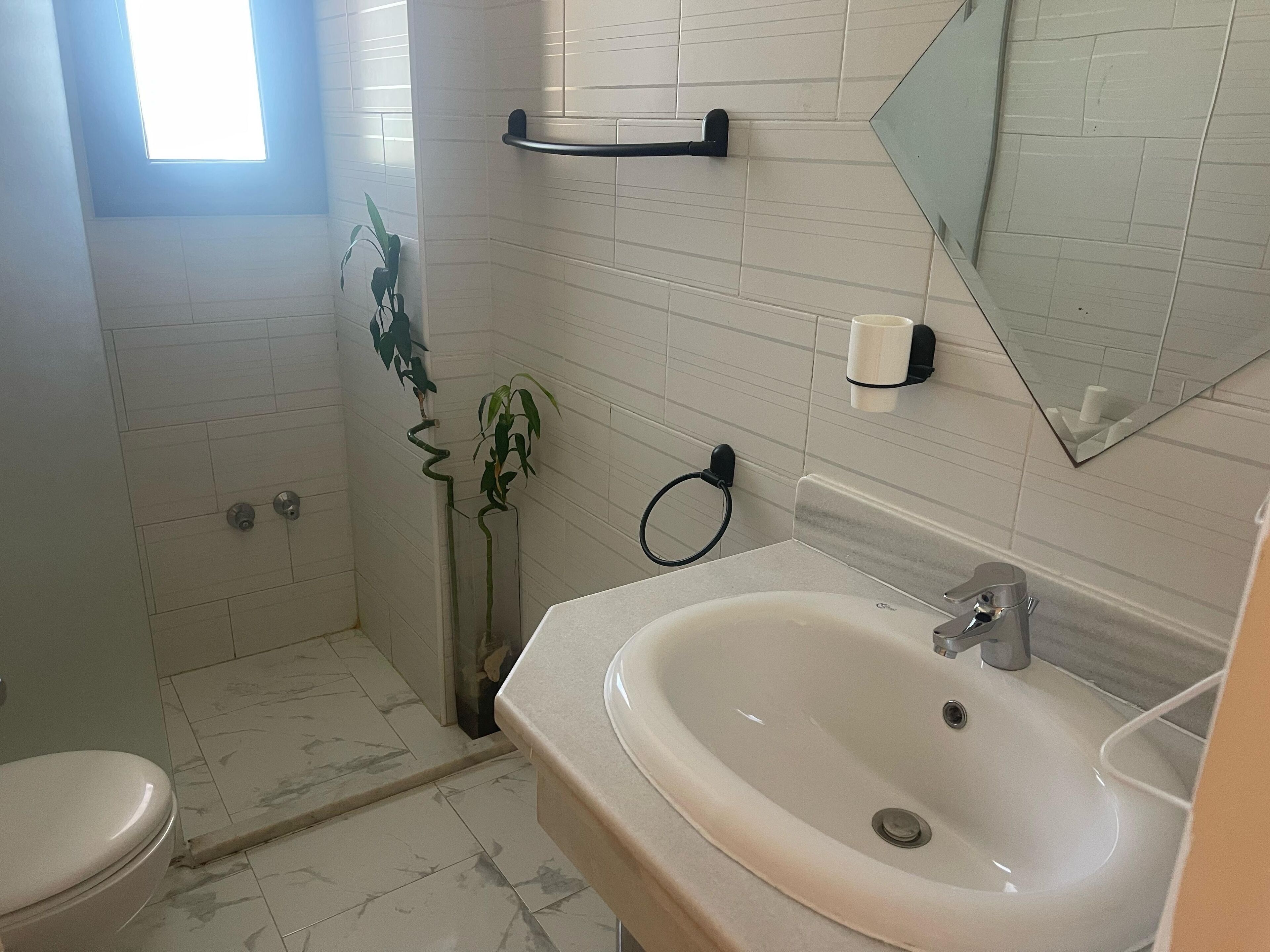 A bathroom with a white sink, a mirror, a towel rack, and a toilet.