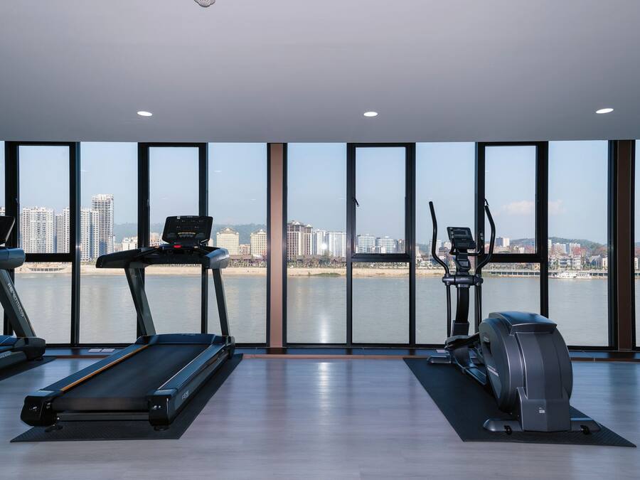 Une salle de sport équipée de tapis de course, d’un vélo elliptique et d’un rameur, offrant une vue sur le paysage urbain et un plan d’eau.