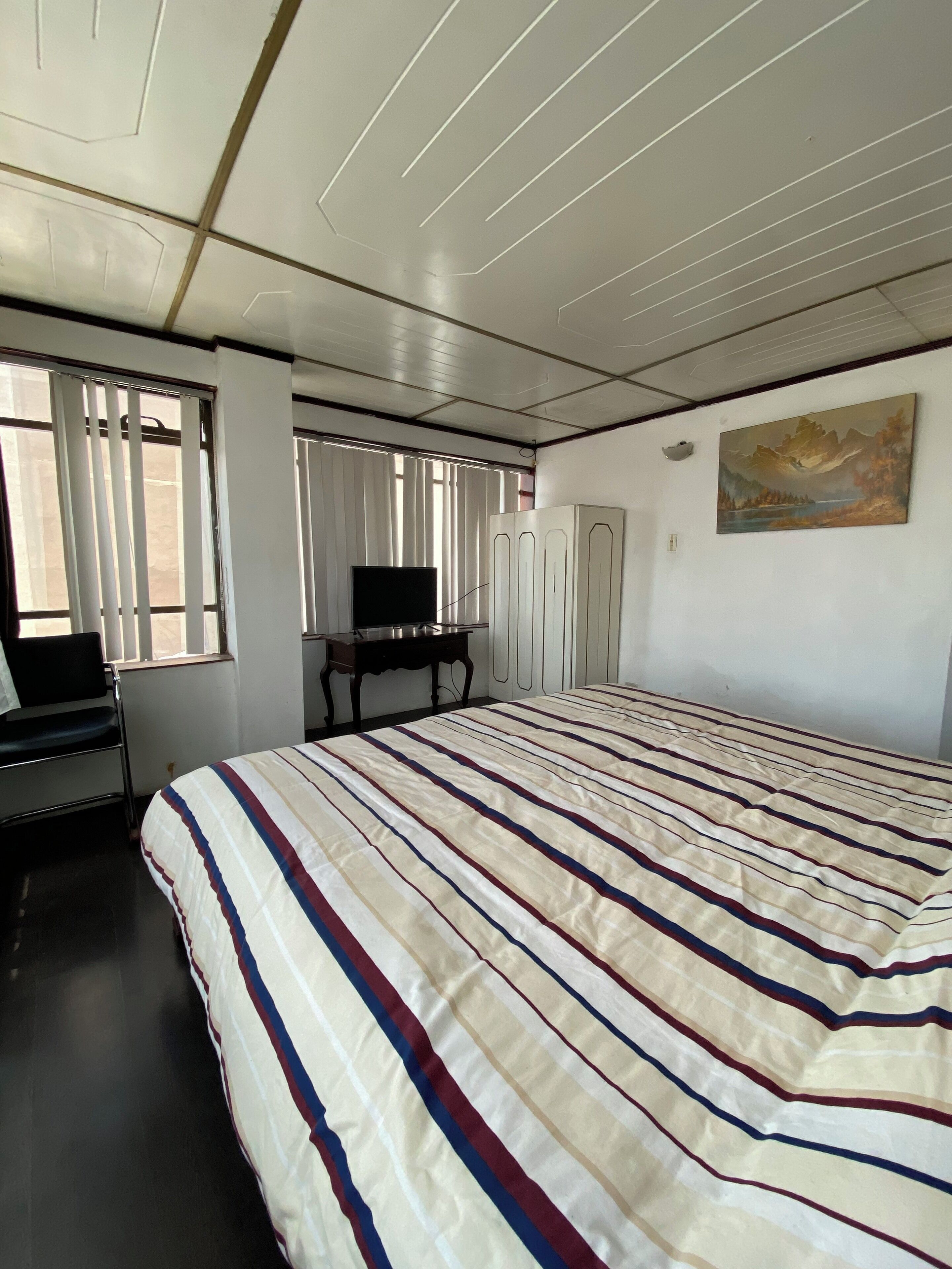 Un dormitorio con una cama grande, televisión, armario y un cuadro en la pared.