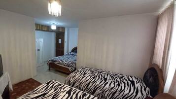 A room with two beds, a ceiling light fixture, a wardrobe, and a door.