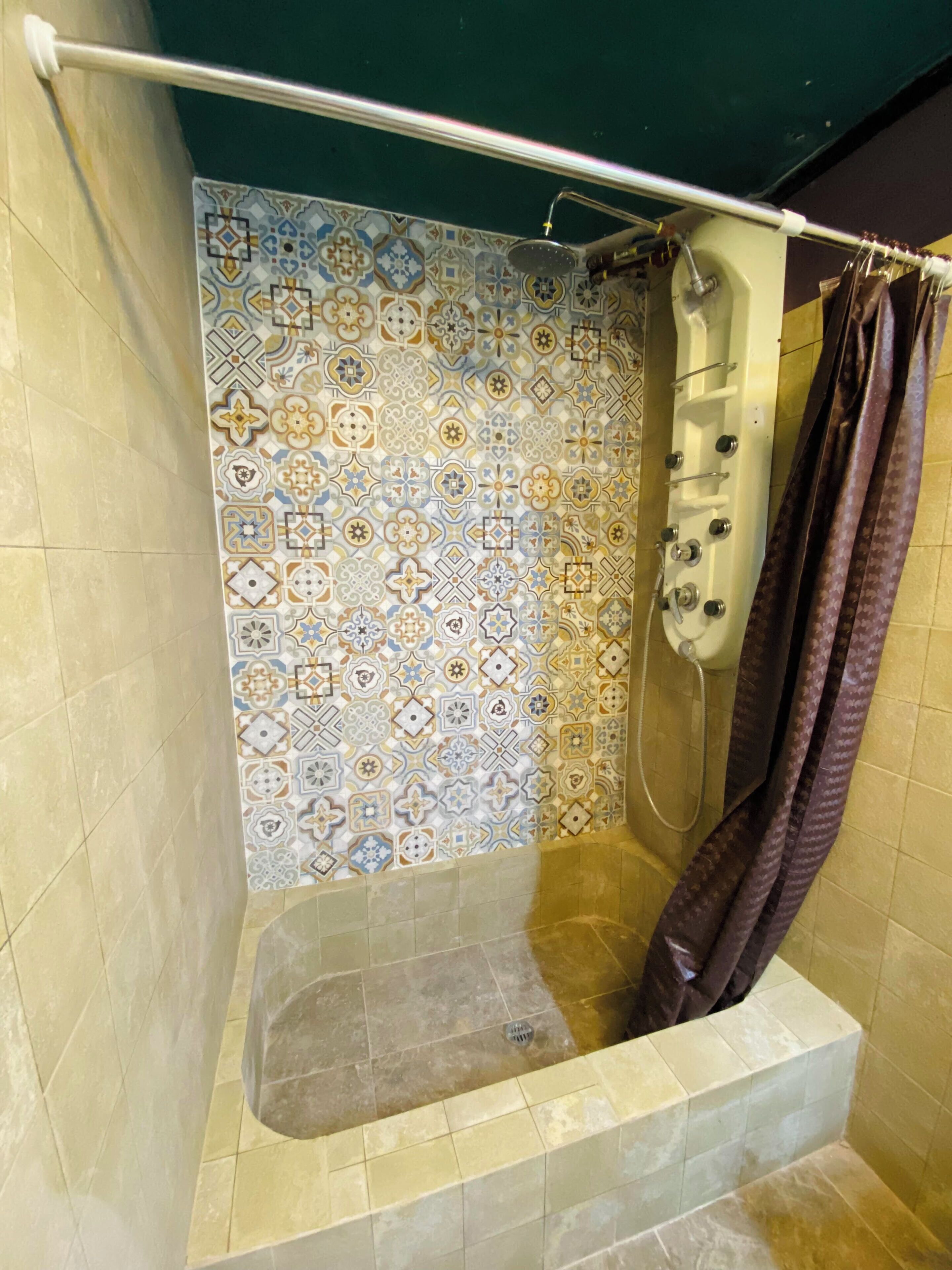 A shower with a tiled wall featuring a geometric pattern.