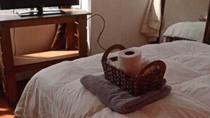 Une chambre d’hôtel avec un lit, un téléviseur posé sur une table en bois et une fenêtre avec des rideaux.