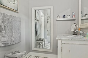 Hair dryer, towels, soap, shampoo