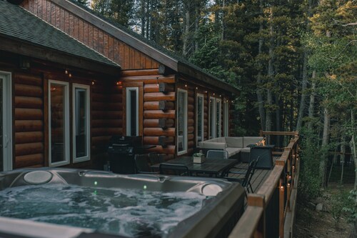 Cozy Log Cabin: hot tub under the stars, private deck, king bed, dog friendly!