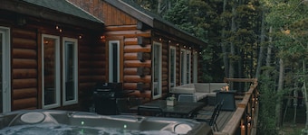 Cozy Log Cabin: hot tub under the stars, private deck, king bed, dog friendly!