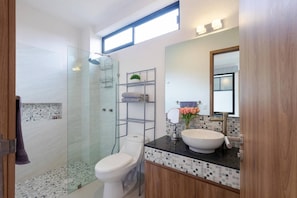 Shower, hair dryer, towels, soap