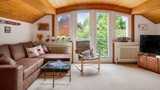 A cozy living room with a wooden ceiling, a brown leather sofa, a glass coffee table, a wooden rocking chair, and a television. - Apartment 'Feldbergstern' with Shared Terrace and Wi-Fi (Feldberg)