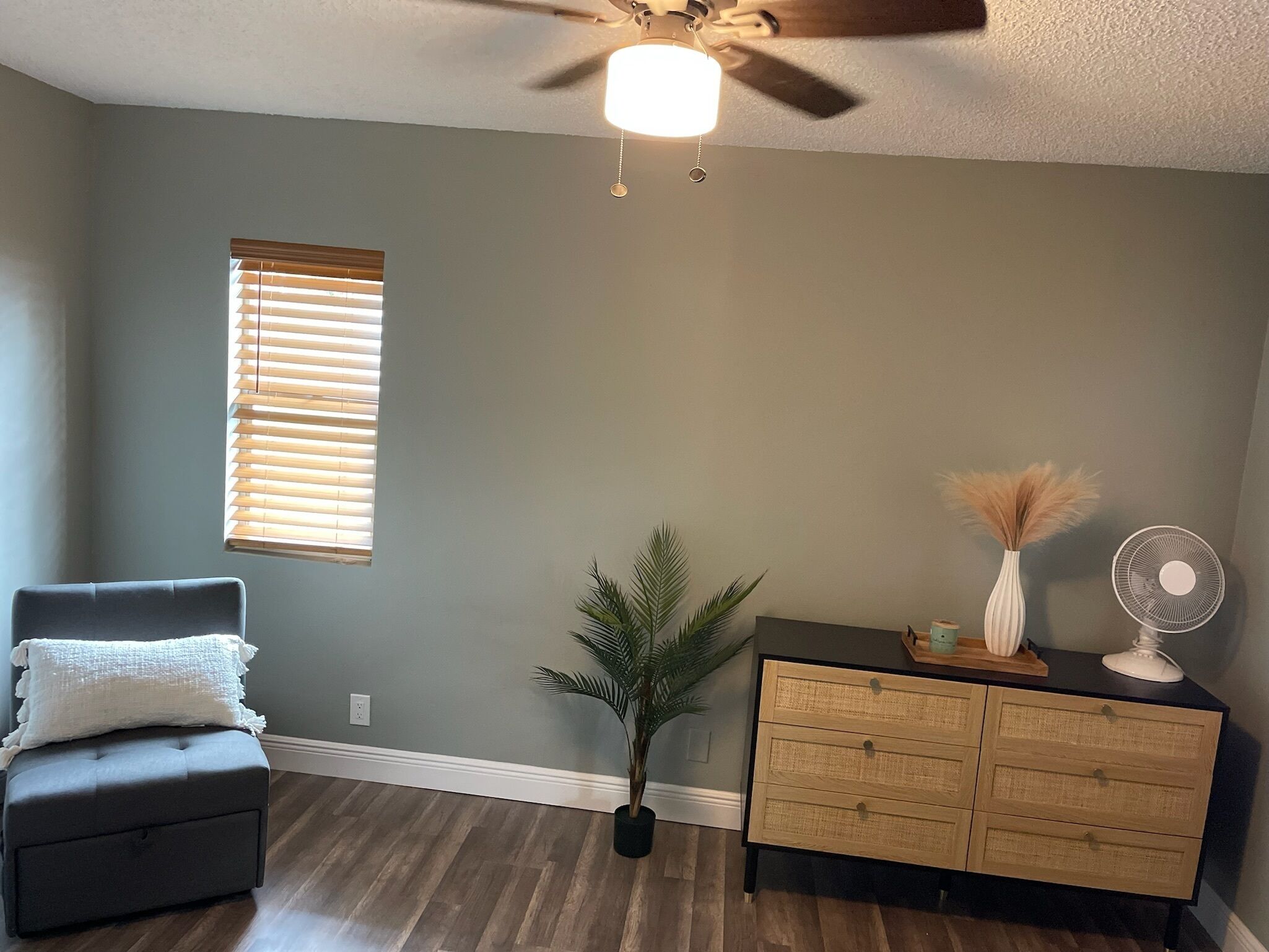 A room with a ceiling fan, a window with blinds, a dark-colored sofa, a wooden dresser, and a potted plant.