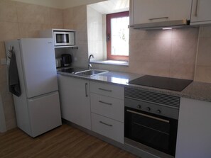 Cozinha equipada com geladeira, micro-ondas, fogão, pia e janela com vista.