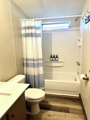 Hair dryer, towels, soap, shampoo