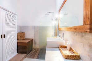 Shower, hair dryer, bidet, towels