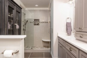 Combined shower/tub, hair dryer, towels, shampoo