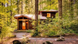A rustic cabin with a wooden exterior, a front porch, and a visible door. - Magnificent Mountain Cabin on 5 Acres Next to Creek, Picturesque Outdoor Space, Hot Tub, Ping Pong (Rhododendron)
