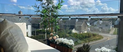 A balcony with a white sofa, potted plants, and a view of a residential street.