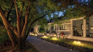 Un camino pavimentado que lleva a un edificio con terraza y un gran árbol a la izquierda.