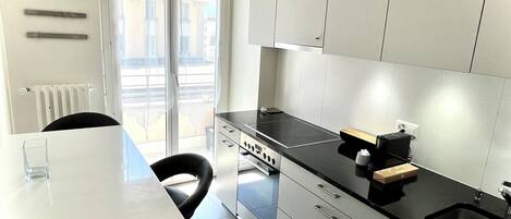 Apartment | Private kitchen | Full-size fridge, microwave, oven, stovetop