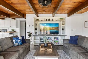 Smart TV, fireplace, DVD player, foosball