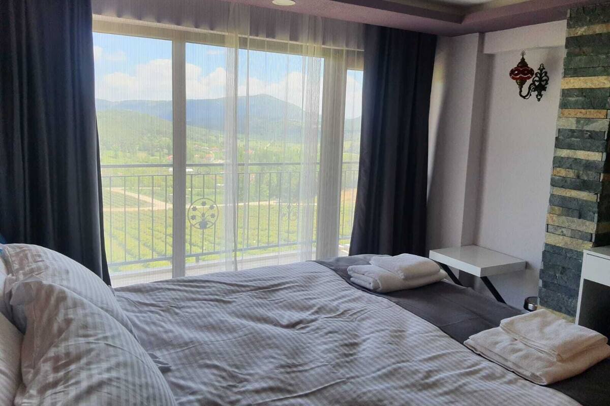 A hotel room with a large bed, a small bedside table, a mirror, and a view of a green landscape through a balcony.