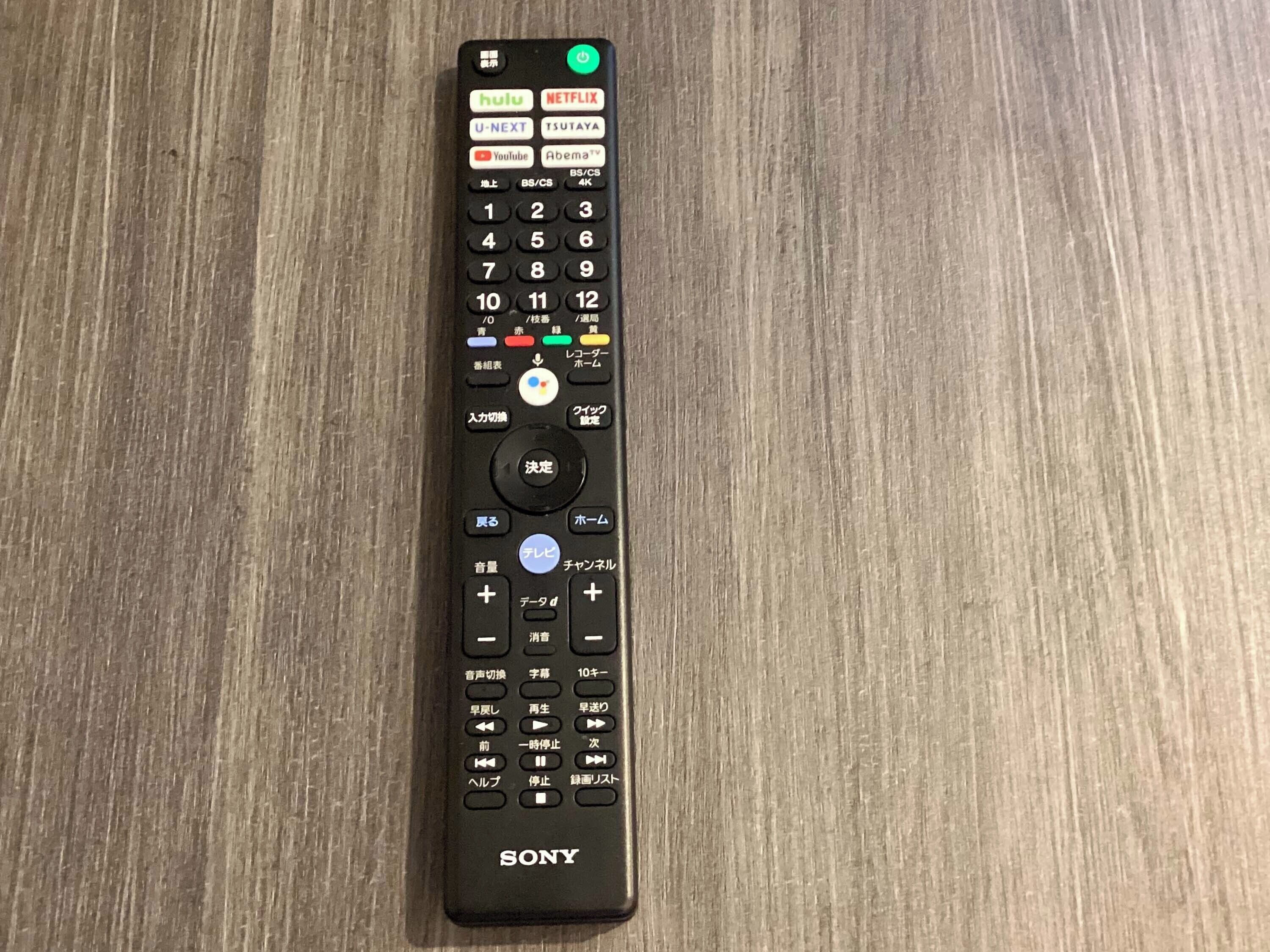 A black Sony remote control with a numeric keypad, directional pad, and various buttons for TV and audio settings.