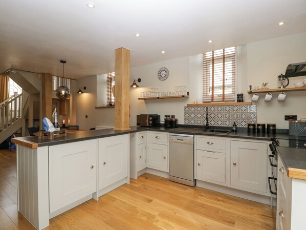 Fridge, dishwasher, electric kettle, toaster