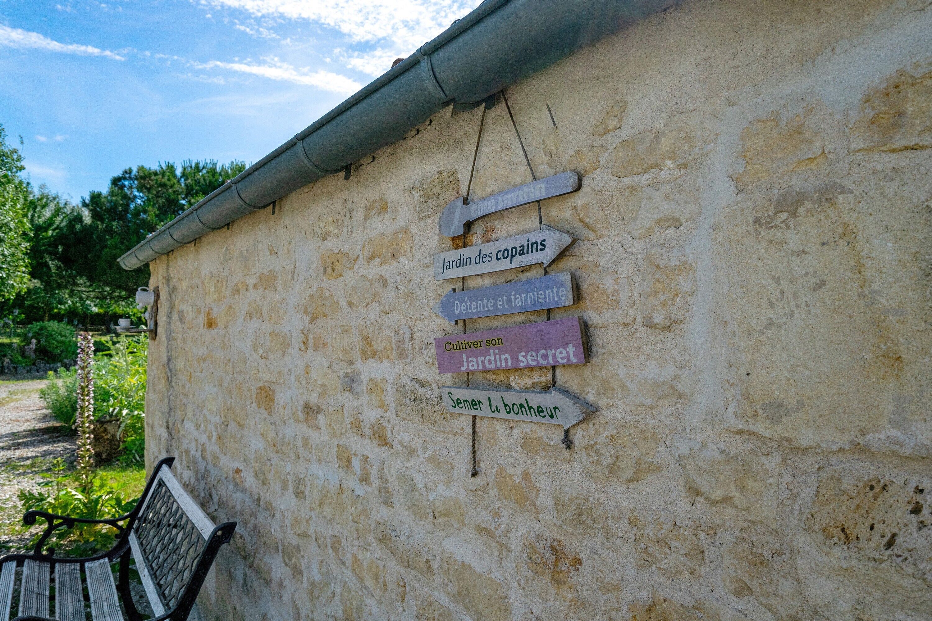 Un mur de pierre agrémenté de panneaux indicateurs pointant vers différentes zones du jardin.