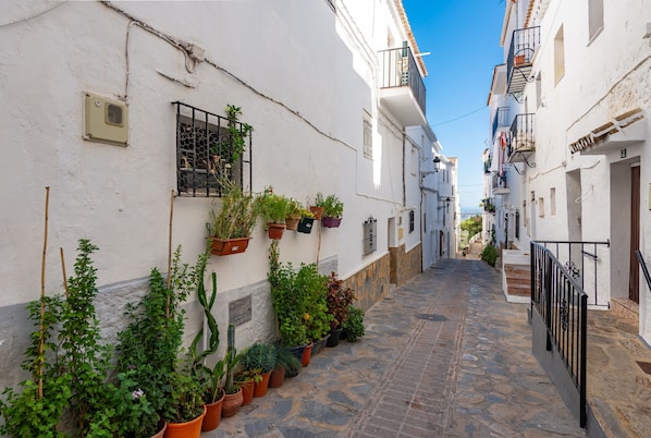 A narrow cobblestone street flanked by white buildings with balconies and potted plants.