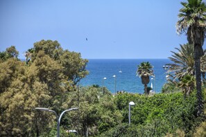 A coastal view with a clear sky, palm trees, and a distant view of the sea. - Grand STU SeaView Balcony by Sea N' Rent (Tel Aviv)