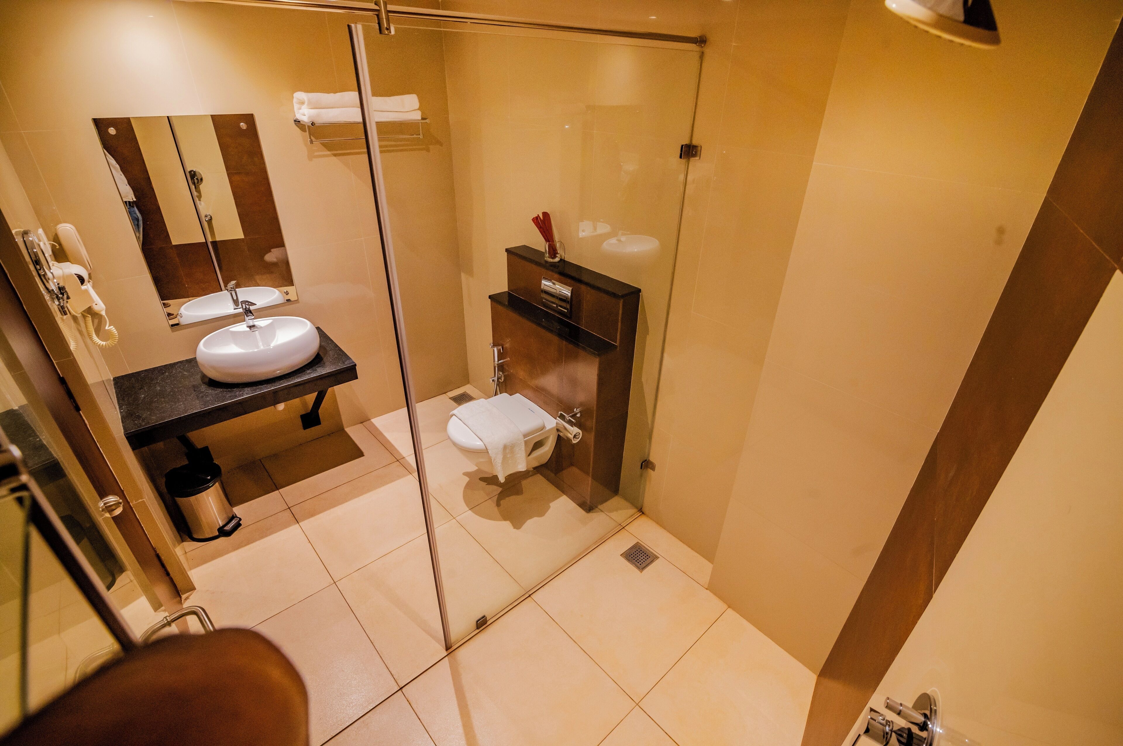 A modern bathroom with a glass-enclosed shower, a sink, and a toilet.