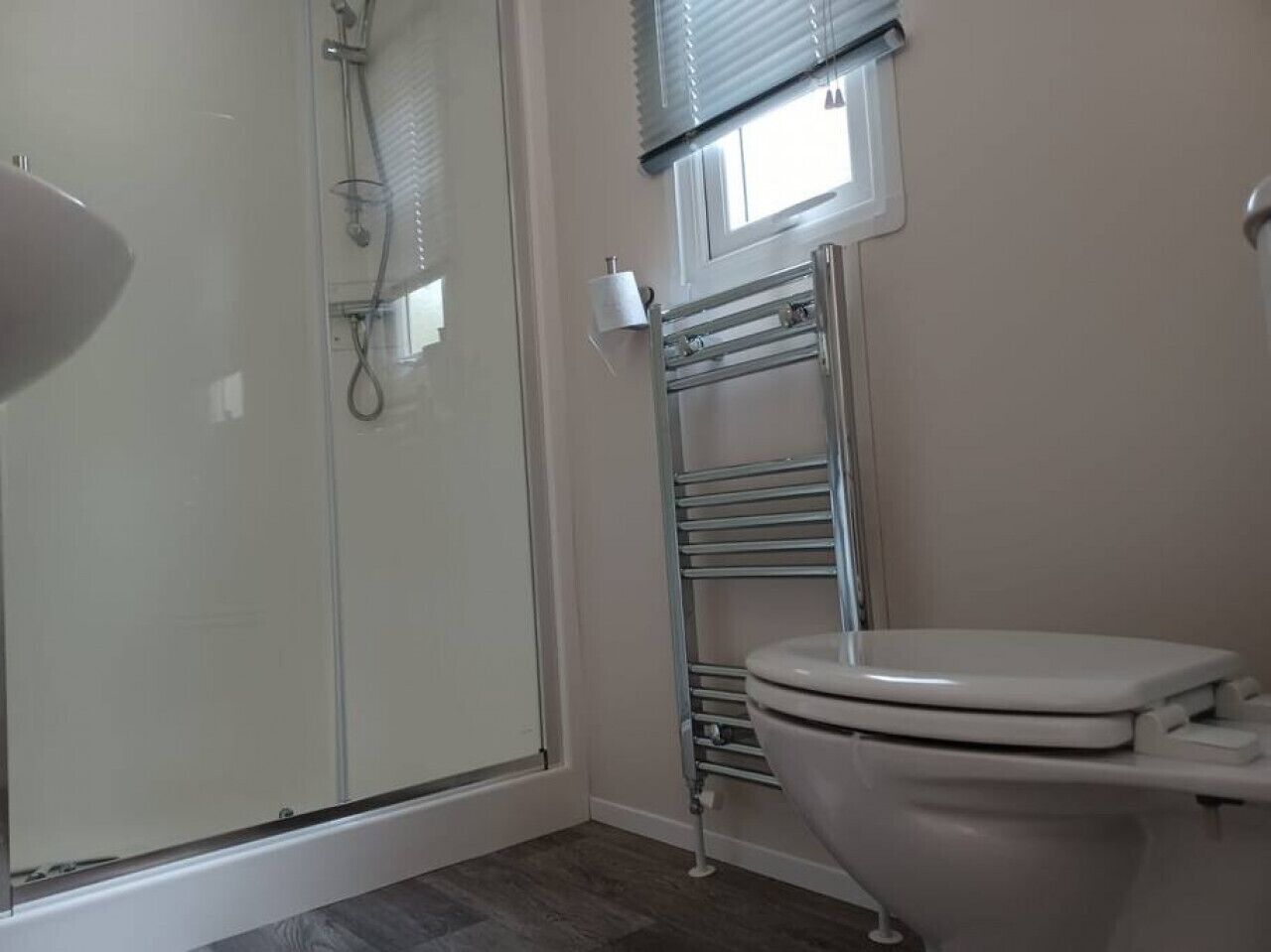 Een badkamer met een glazen douchecabine, een wit toilet en een handdoekrek.