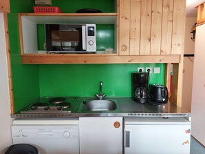 Fridge, microwave, dishwasher, coffee/tea maker