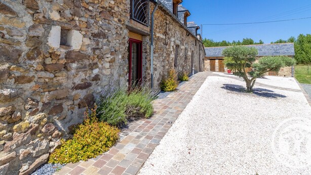 A stone building with a red door, a gravel pathway, and a small tree.