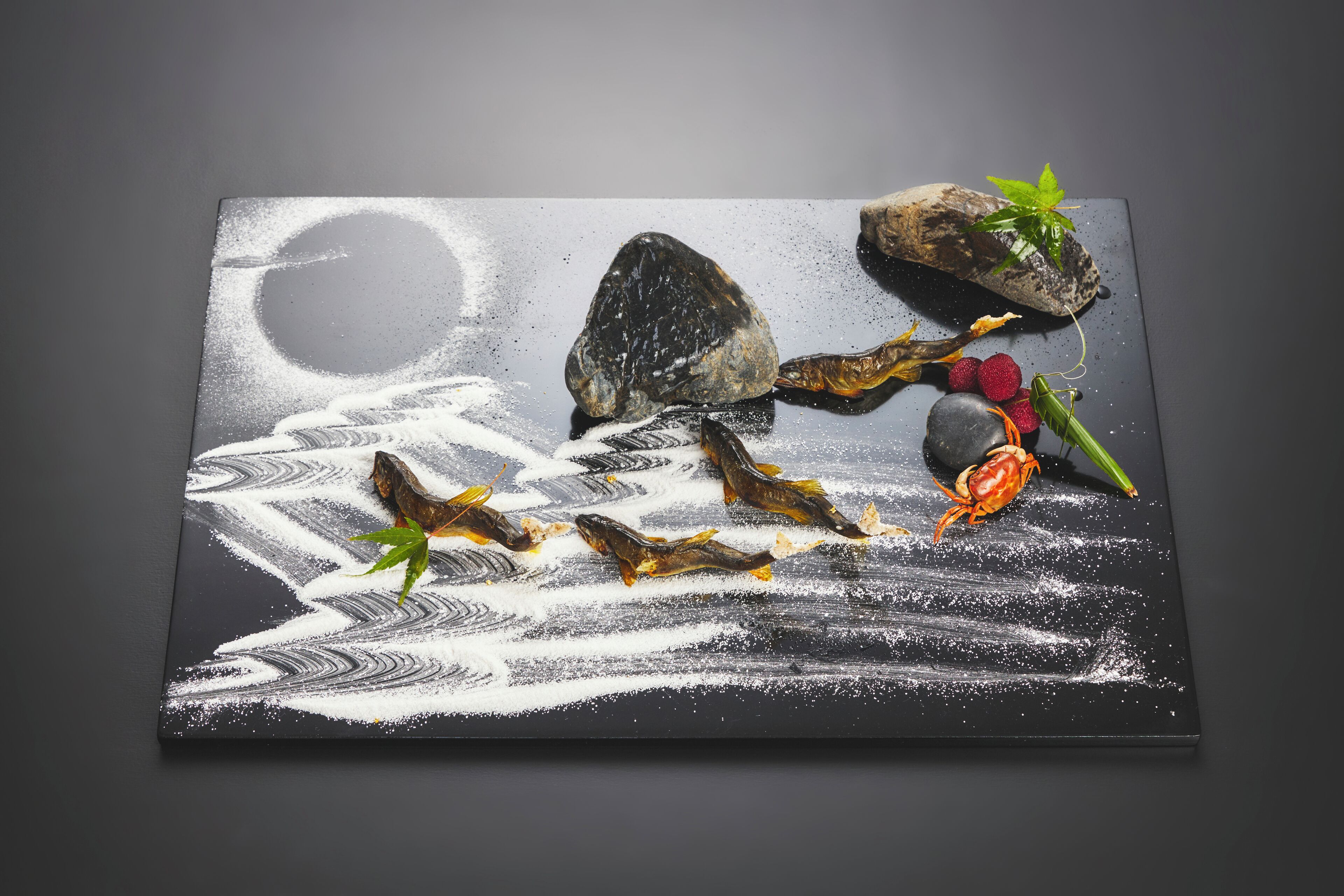 A painting with a large rock, a small plant, and a crab on a textured surface.