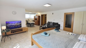 A well-lit room with a bed, a TV, a dining area, and a wardrobe. - Spacious Basement Apartment Near Umag (Umag)