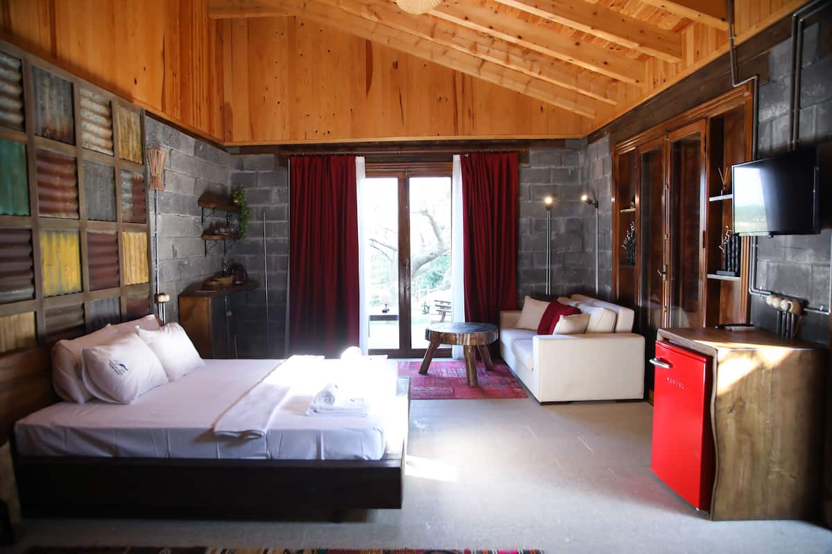 A bedroom with a bed, a sofa, a red cabinet, and a television.