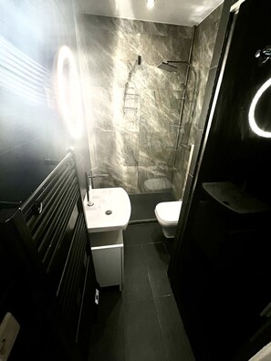 Shower, hair dryer, towels