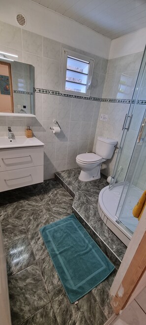Casa de banho com sanita, lavatório, espelho e chuveiro.
