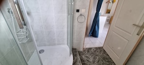 A bathroom with a glass-enclosed shower, a towel rack, and a toilet.