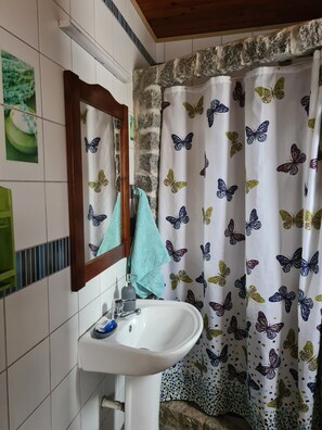 Secador de cabelo, toalhas de banho, sabonete, shampoo