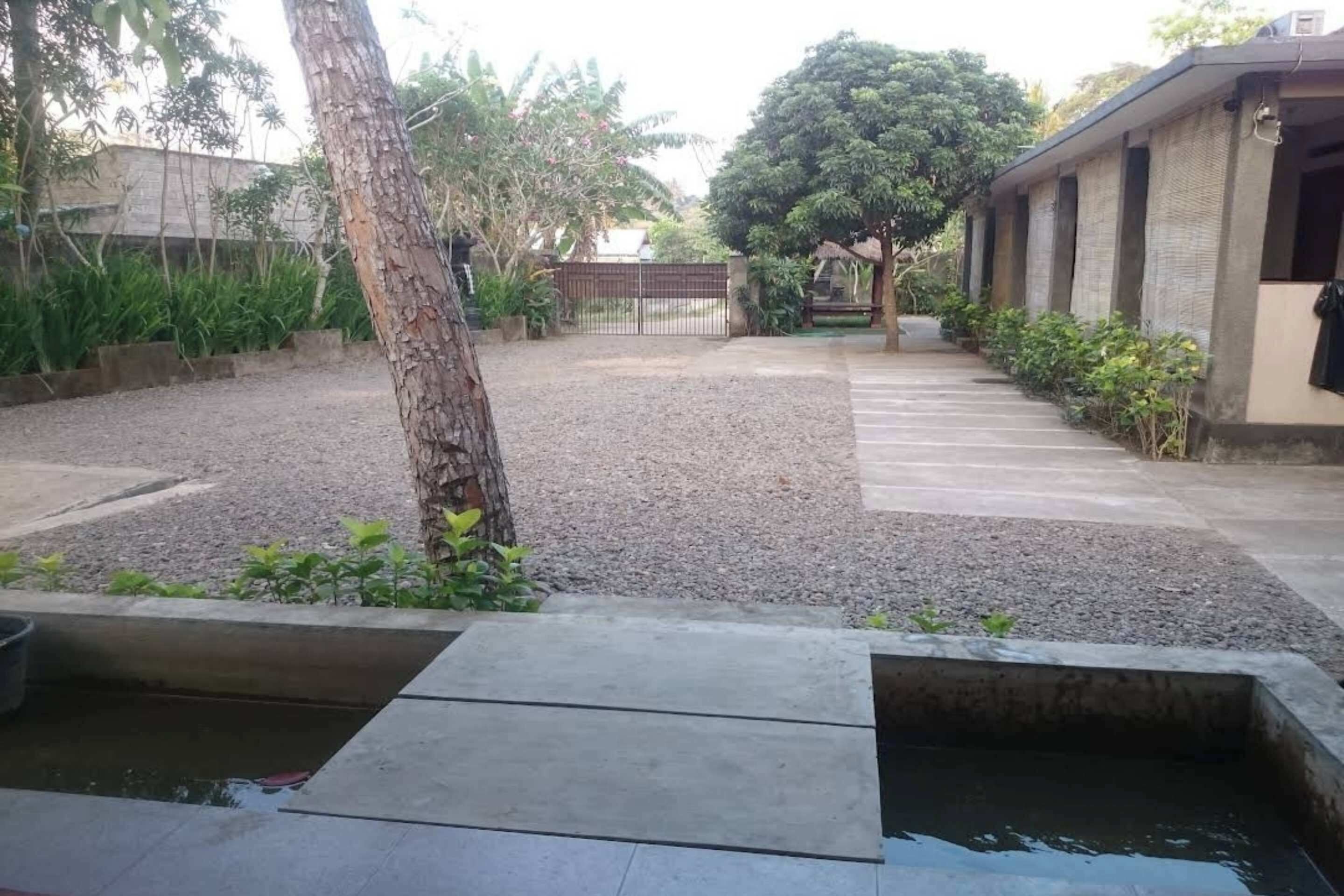 Un patio con un sendero de grava, un pequeño elemento acuático y un edificio de fachada de concreto.