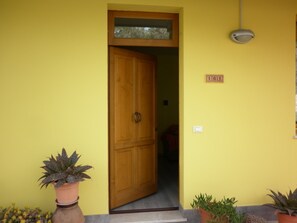 A wooden door with a glass panel above it, leading into a room. There are potted plants on the ground and a wall-mounted light fixture to the right.