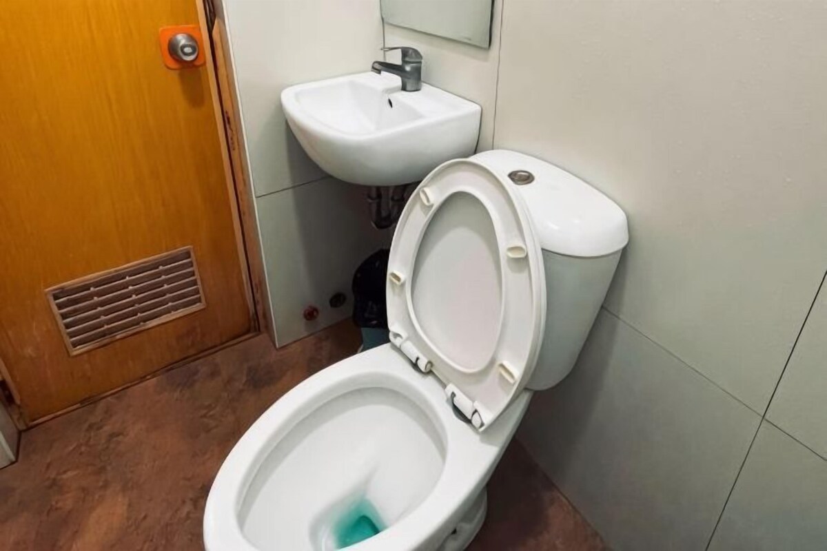 A bathroom with a white toilet, a sink, and a wooden door.