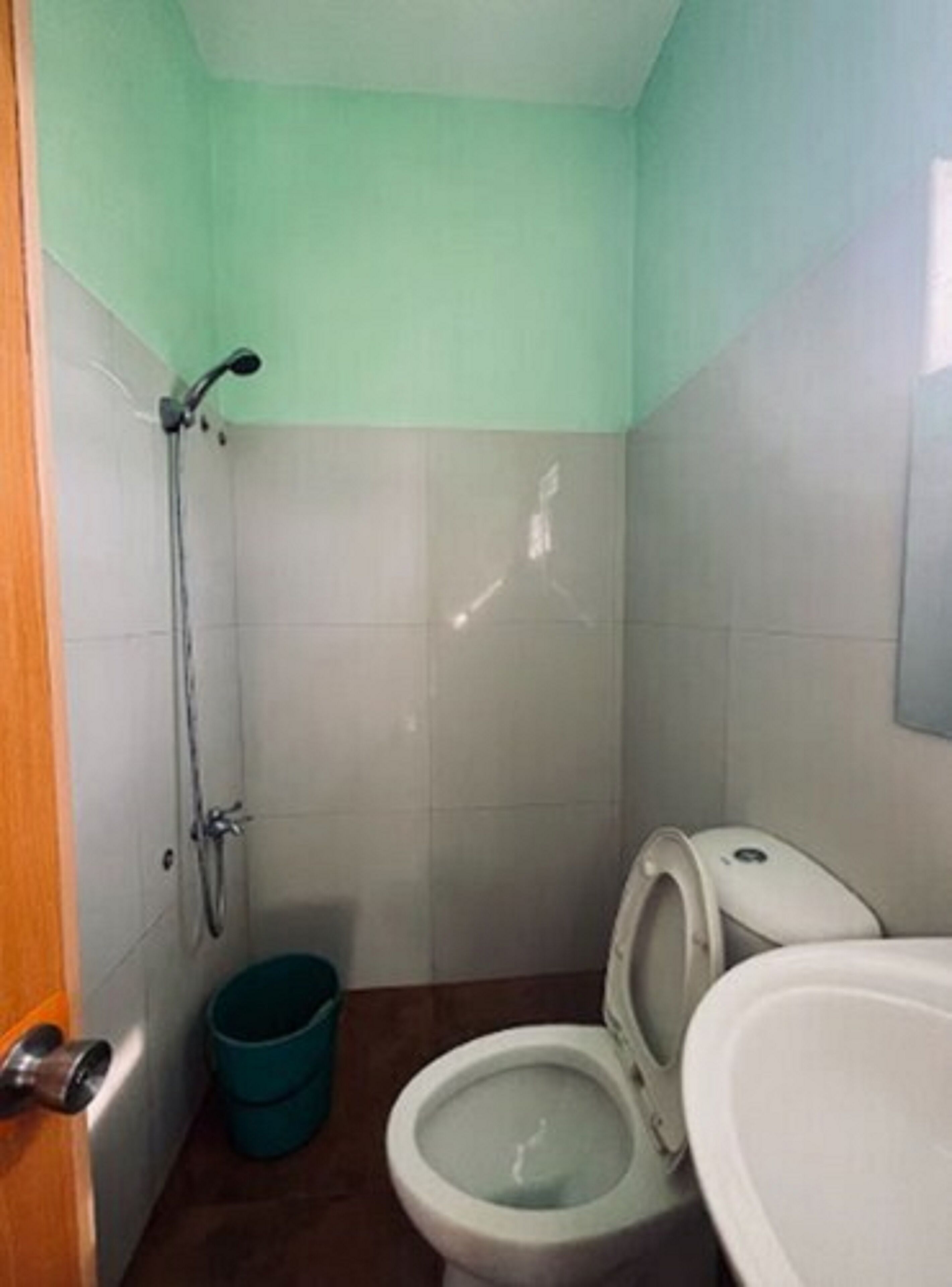 Une petite salle de bain avec une douche, des toilettes et un lavabo.