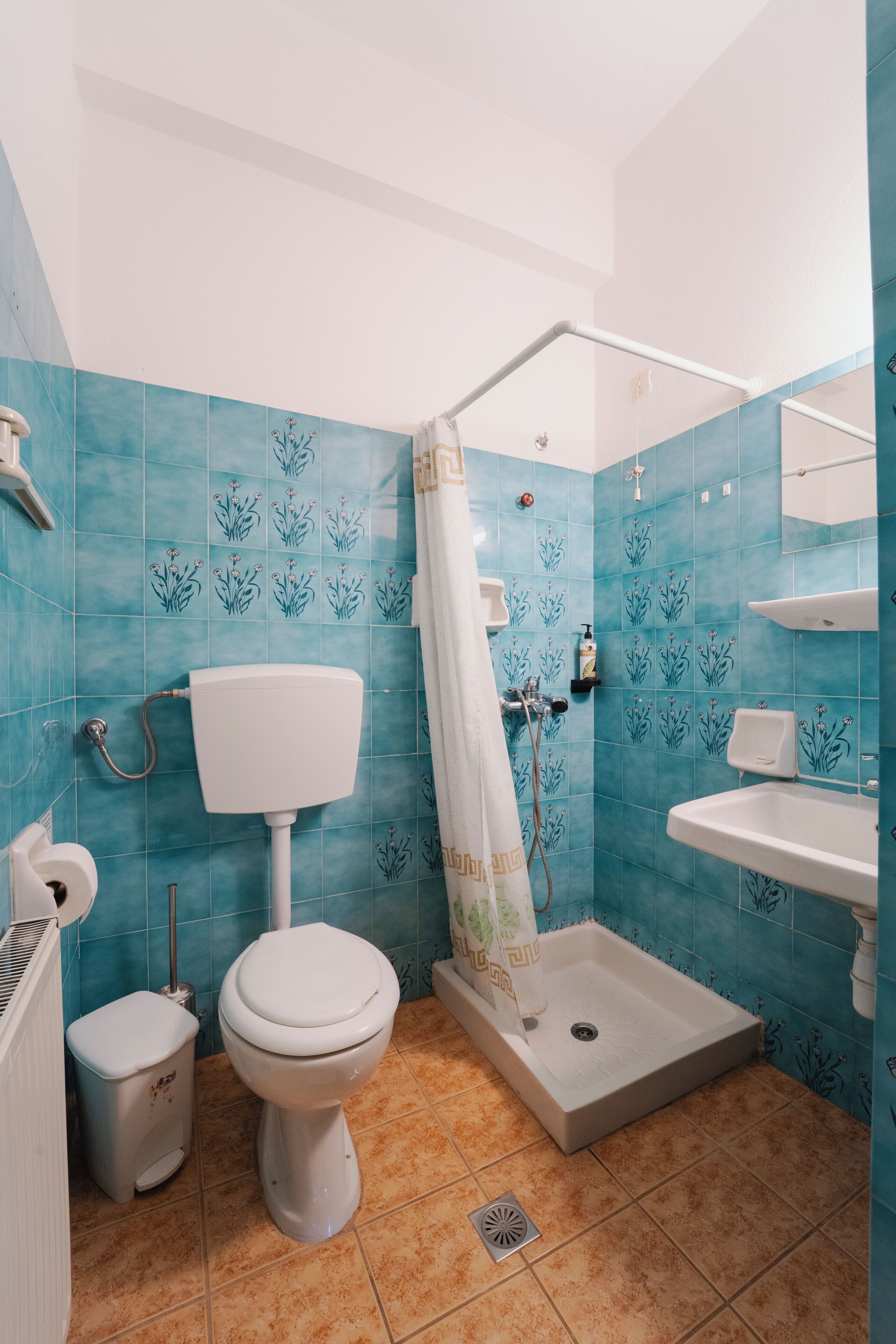 A bathroom with a toilet, shower, sink, and blue patterned tiles.