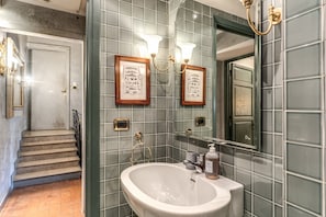 Bathtub, hair dryer, bidet, towels